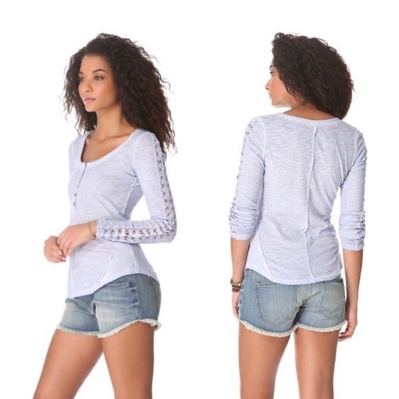 Light mint/teal Free People Shell stitch Henley with ribbon - Picture 7 of 12